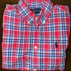 Polo Ralph Lauren Boys Pink And Blue Plaid Button Down Shirt Size 6 Cotton EUC